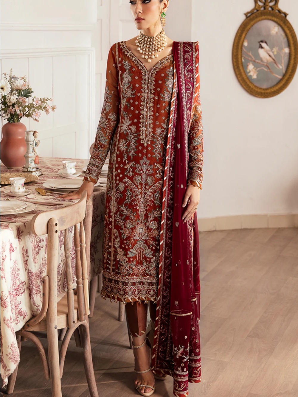 Embroidered Rust Orange Pakistani/Indian Dress with Maroon Dupatta